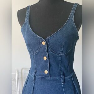 Vintage Blue Denim Maxi Dress with Gold Buttons